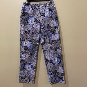 TALBOTS - Floral Stretch Pants various shades of blue, black background, Size 6